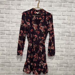 Skies are Blue Burgundy Floral Belted Dress SZ Med